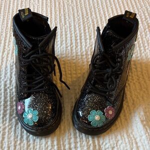 Dr. Martens Black Glitter Kids Boots with Floral Design